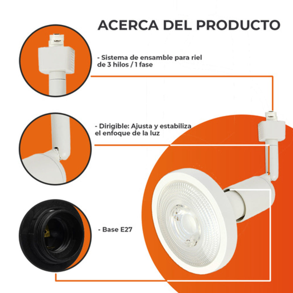 LUM. INT. SPOT RIEL 100-240V BLANCO E-27 SIN LAMPARA TECNOLITE