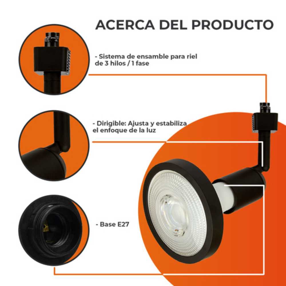 LUM. INT. SPOT RIEL 18W/100-240V. NEGRO E-27 TECNOLITE