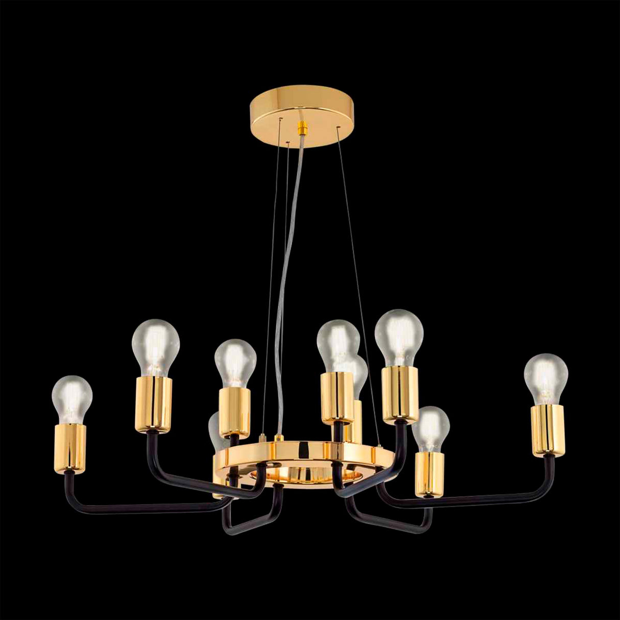 LUMINARIO COLG. 60W. 9 LUCES ACERO DORADO NEGRO MATE E26 S/LAMP. 95216 PALTAS *** HA. LUMI ***