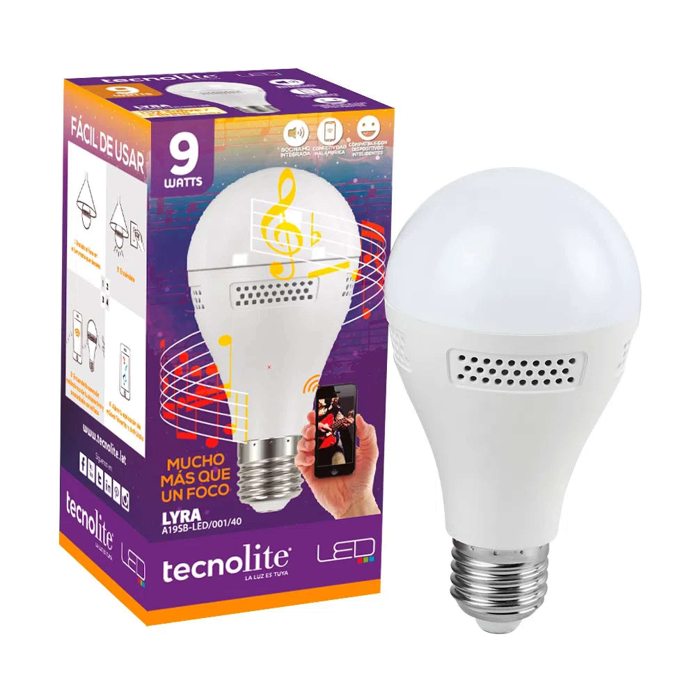FOCO LED TECNOLITE LYRA CON BOCINA BLUETOOTH 9W LUZ BLANCA NEUTRA BASE E27 NO ATENUABLE ***TECNOLITE HAE***