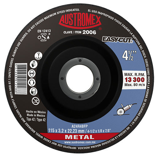DISCO CON CENTRO DEPRIMIDO PARA CORTE DE METAL A24R4BFP 4-1/2X1/8X7/8 115X3.2X22.23 MCA AUSTROMEX