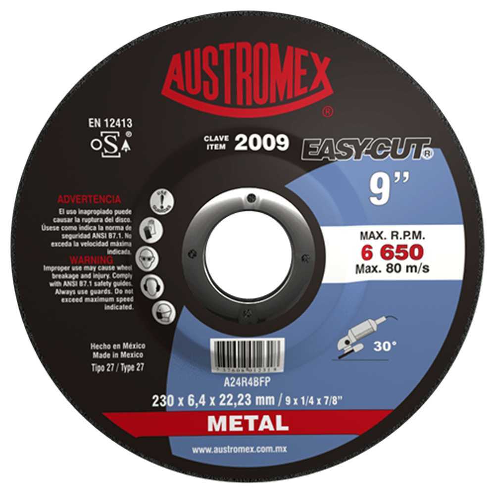 DISCO CON CENTRO DEPRIMIDO PARA DESBASTE DE METAL A24R4BFP 9X1/4X7/8 230X6.4X22.23 MCA AUSTROMEX