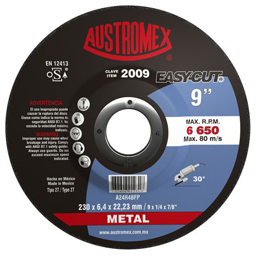 DISCO CON CENTRO DEPRIMIDO PARA DESBASTE DE METAL A24R4BFP 9X1/4X7/8 230X6.4X22.23 MCA AUSTROMEX