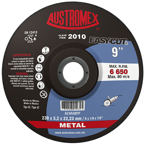 DISCO CON CENTRO DEPRIMIDO PARA CORTE DE METAL A24R4BFP 9X1/8X7/8 230X3.2X22.23 MCA AUSTROMEX