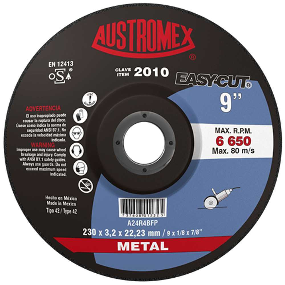 DISCO CON CENTRO DEPRIMIDO PARA CORTE DE METAL A24R4BFP 9X1/8X7/8 230X3.2X22.23 MCA AUSTROMEX