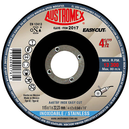 DISCO CON CENTRO DEPRIMIDO PARA CORTE DE ACERO INOXIDABLE - SP A46TBF INOX EASY CUT 4-1/2X0040X7/8 115X1X22.23 MCA AUSTROMEX