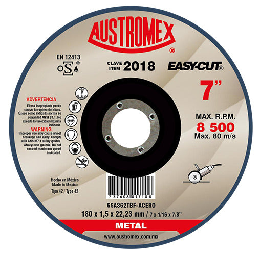 DISCO PARA CORTE DE METAL A46M11BF 7X1/16X7/8 180X1.5X22.23 MCA AUSTROMEX