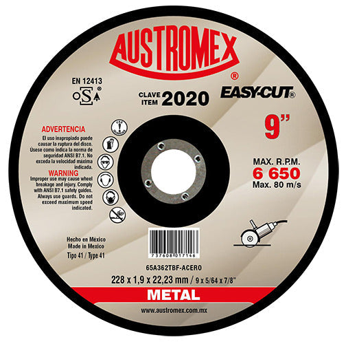DISCO PARA CORTE DE METAL A46M11BF 9X5/64X7/8 228X1.9X22.23 MCA AUSTROMEX