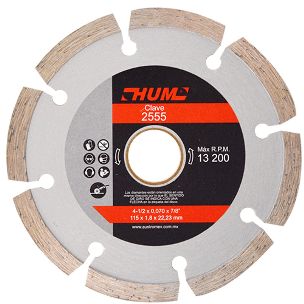 DISCO DE DIAMANTE SEGMENTADO HUM 4-1/2X0.070X7/8 115X1.9X22.23 MCA AUSTROMEX