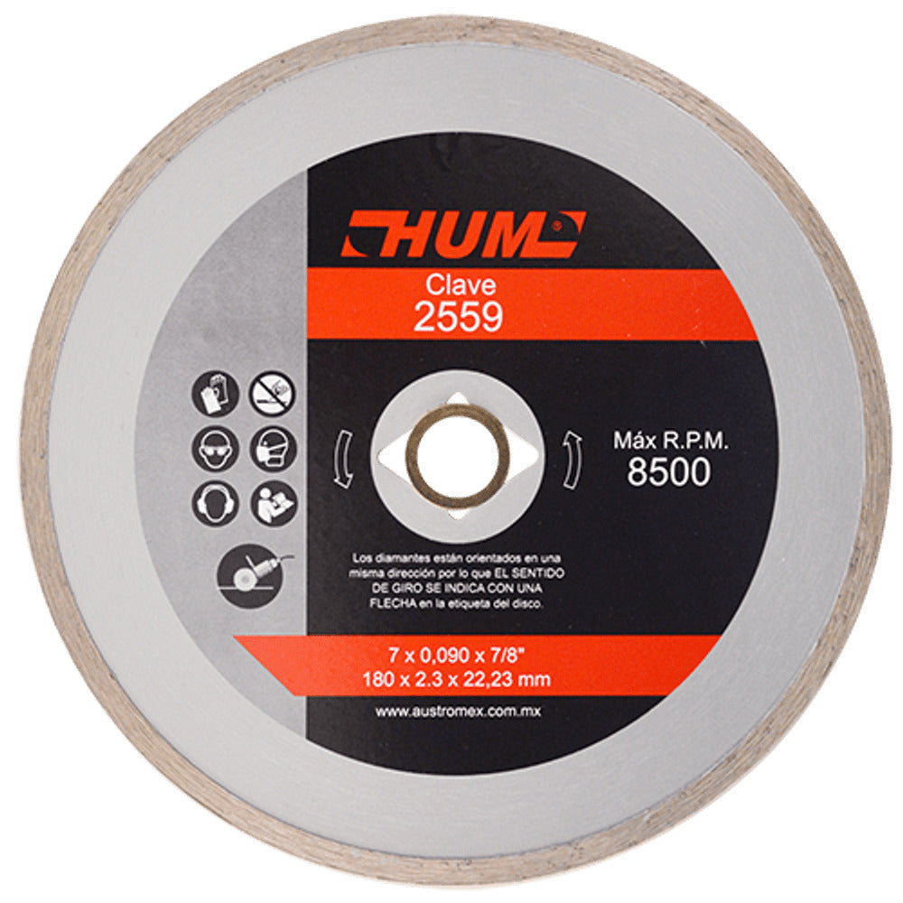 DISCO DE DIAMANTE RIN CONTINUO HUM 7X0.090X7/8 180X2.3X22.23 MCA AUSTROMEX