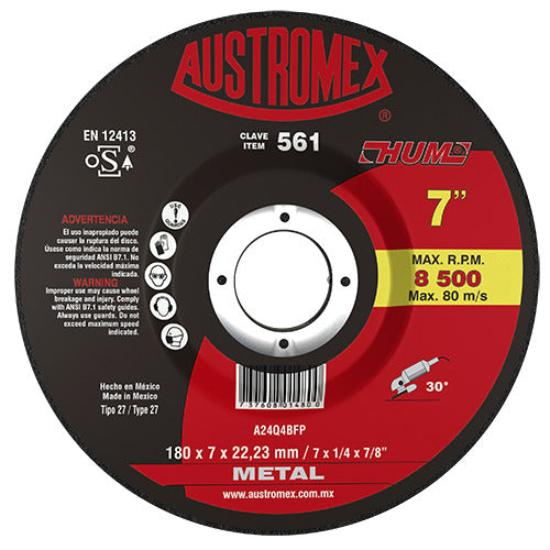 DISCO CON CENTRO DEPRIMIDO PARA DESBASTE DE METAL A24Q4BFP 7X1/4X7/8 (180X7X22.23) MCA AUSTROMEX