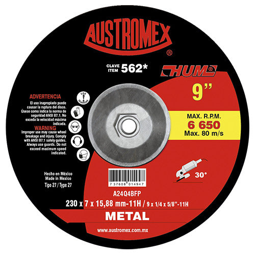 DISCO CON CENTRO DEPRIMIDO PARA DESBASTE DE METAL A24Q4BFP 9X1/4X7/8 (230X7X22.23) MCA AUSTROMEX