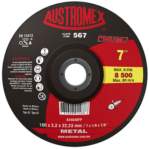 DISCO CON CENTRO DEPRIMIDO PARA CORTE DE METAL A24Q4BFP 7X1/8X7/8 (180X3.2X22.23) MCA AUSTROMEX