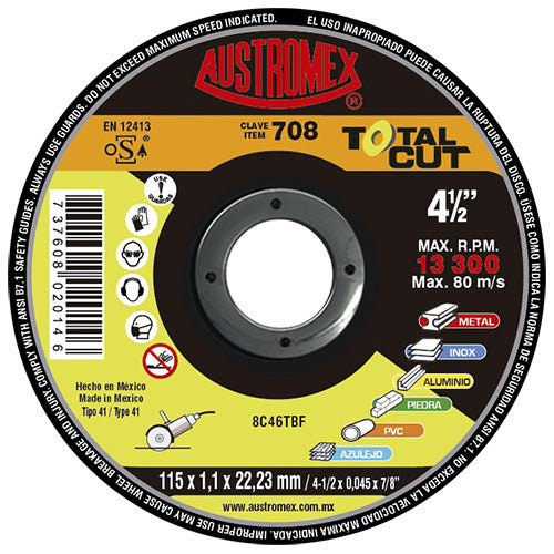 DISCO PLANO PARA CORTE TOTAL CUT 8C46TBF 4-1/2X0.045X7/8 (115 X 1.1 X 22.23) MCA AUSTROMEX
