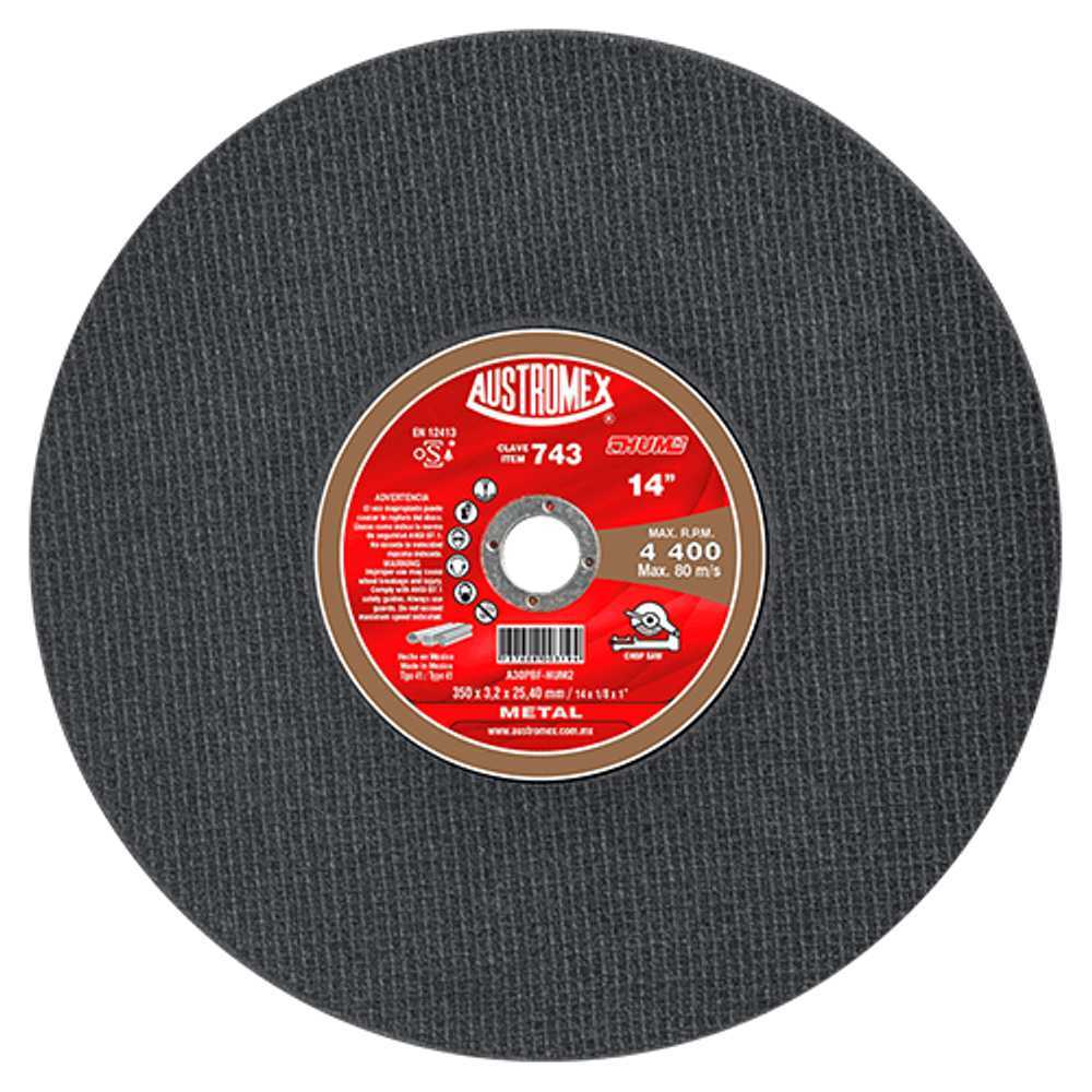 DISCO PARA CORTE DE METAL (HUECOS) A30PBF-HUM2 14X1/8X1 350X3.2X25.40 MCA AUSTROMEX
