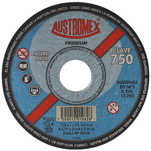 DISCO SUPER PRECISO PARA CORTE DE ACERO INOXIDABLE A46U BF INOX 4-1/2X3/64X7/8 (115X1X22.2) MCA AUSTROMEX