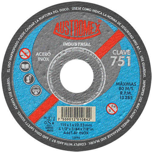DISCO SUPER PRECISO PARA CORTE DE ACERO INOXIDABLE A46T BF INOX 4-1/2X3/64X7/8 (115X1X22.2) MCA AUSTROMEX