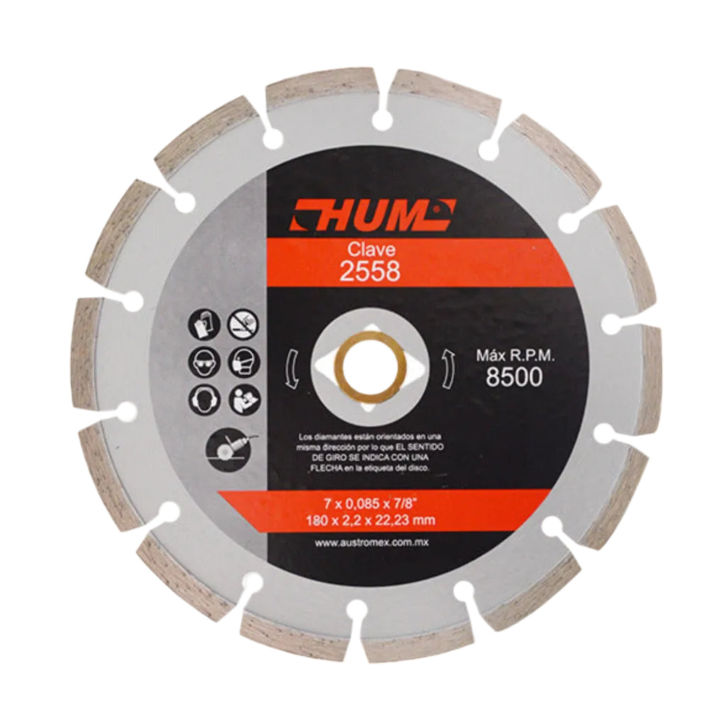 DISCO DE DIAMANTE SEGMENTADO HUM 7X0.087X7/8 180X2.3X22.2 MCA AUSTROMEX