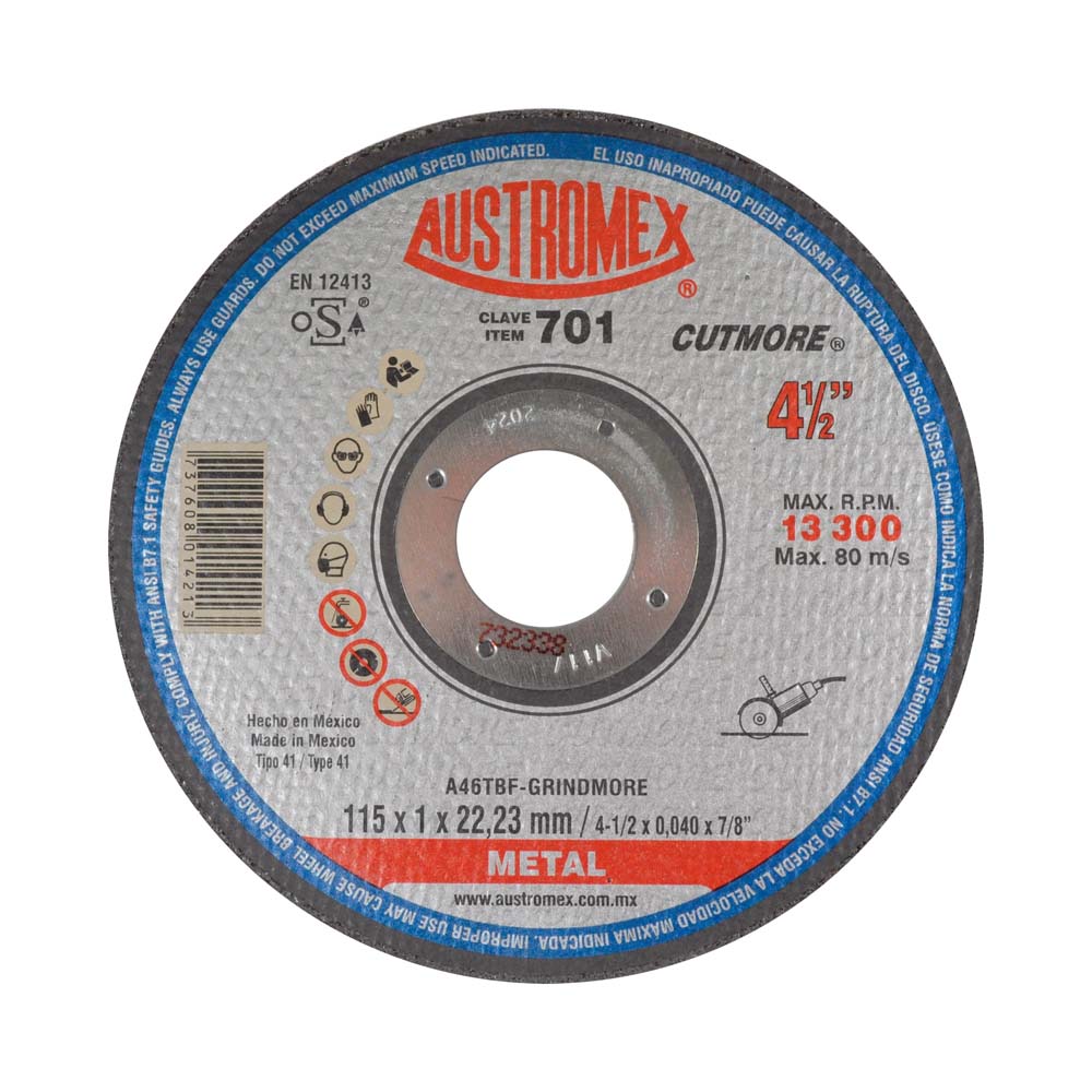 DISCO PARA CORTE DE METAL A46TBF-GRINDMORE 4-1/2X3/64X7/8 (115X1X22.23) MCA AUSTROMEX