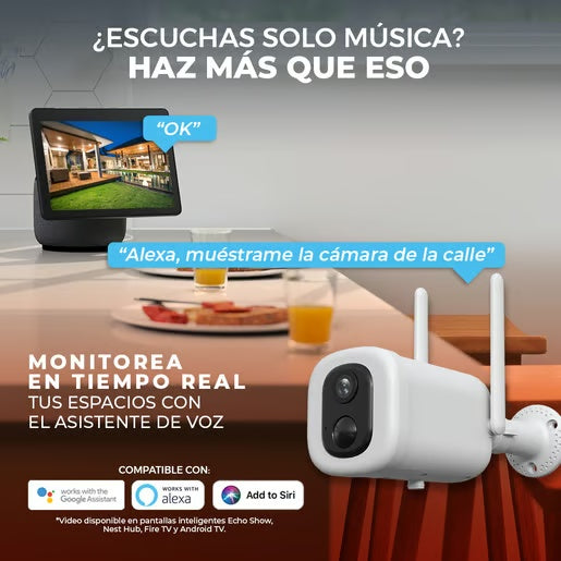 CAMARA DE SEGURIDAD EXTERIOR WIFI RECARGABLE INALAMBRICA CON LAMPARA 4.5 W VISION NOCTURNA COMPATIBLE CON APP MOVIL Y ASISTENTES DE VOZ