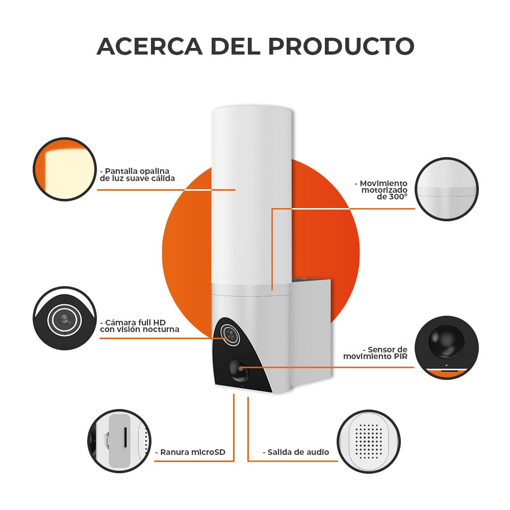 CAMARA DE MONITOREO EXTERIOR 300 CON LAMPARA INTELIGENTE WIFI 20 W VISION NOCTURNA COMPATIBLE CON APP MOVIL Y ASISTENTES DE VOZ