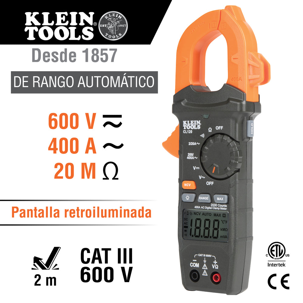 MULTIMETRO DIGITAL DE GANCHO DE RANGO AUTOMATICO 400A. CA KLEIN TOOLS