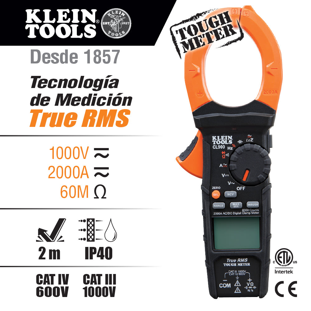 MULTIMETRO DIGITAL DE GANCHO DE RANGO AUTOMATICO DE 2000A. CA CON MEDIA CUADRATICA REAL Y BAJA IMPEDANCIA (LOZ) KLEIN TOOLS