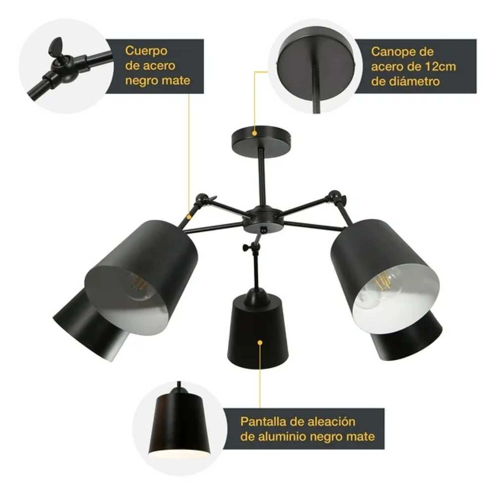 LUMINARIA METALICA NEGRA BRAZOS DIRIGIBLES AJUSTABLES P/5 FOCOS E27