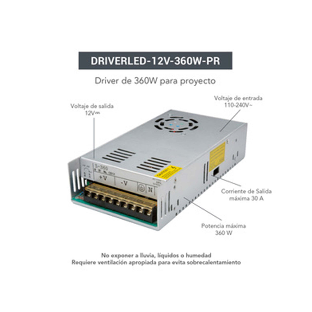 DRIVER LED 360W/12V. P/TIRA FLEXIBLE DRIVER-LED-12V-360W-PR-S