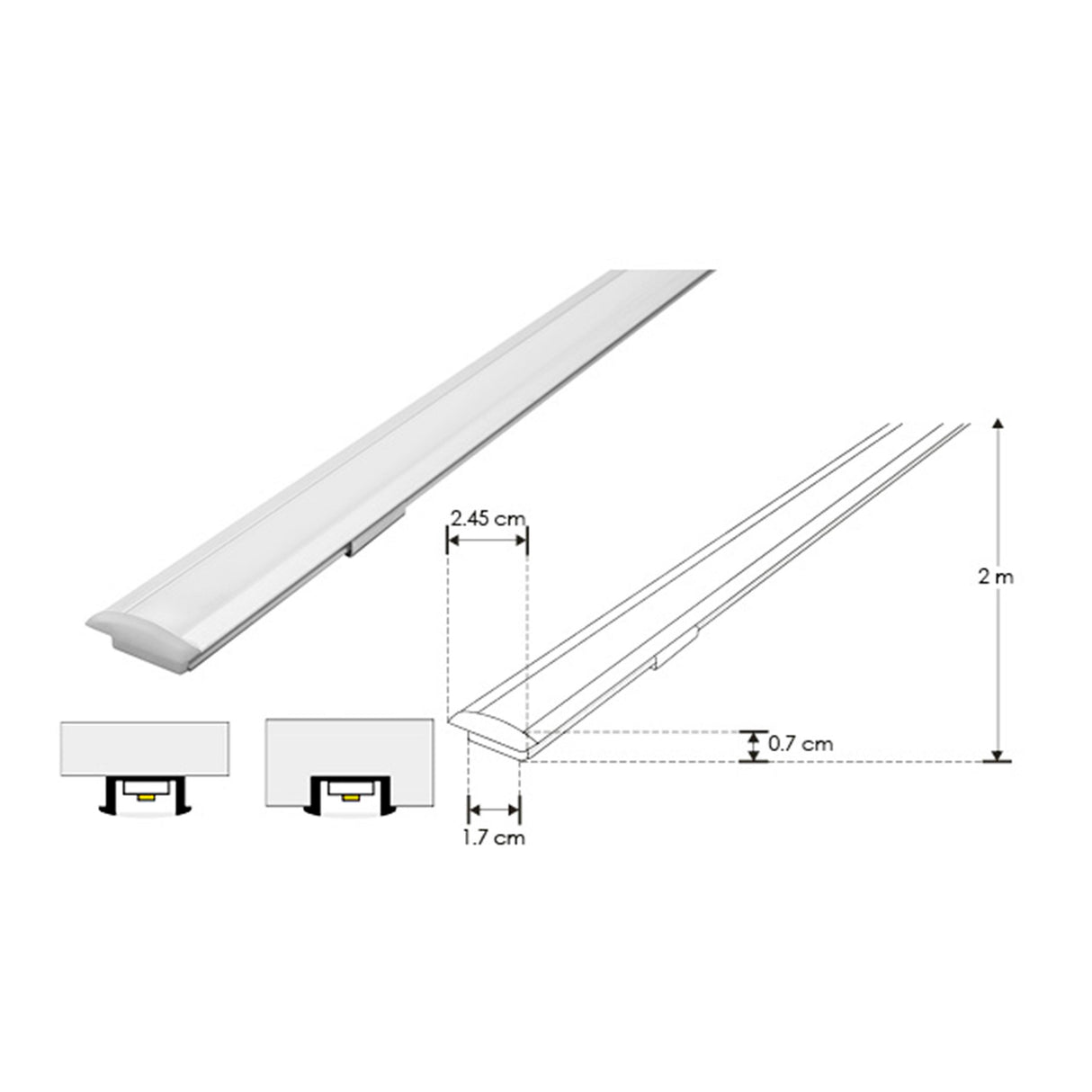 KIT PERFIL P/TIRA EXTRAPLANA LED C/CEJA (PERFIL RECT ALUMINIO 2M + MICA DIFUSA 2M + 2 TAPAS LAT +  2 GRAPAS DE EMP/SOB IP20) ILUMILEDS
