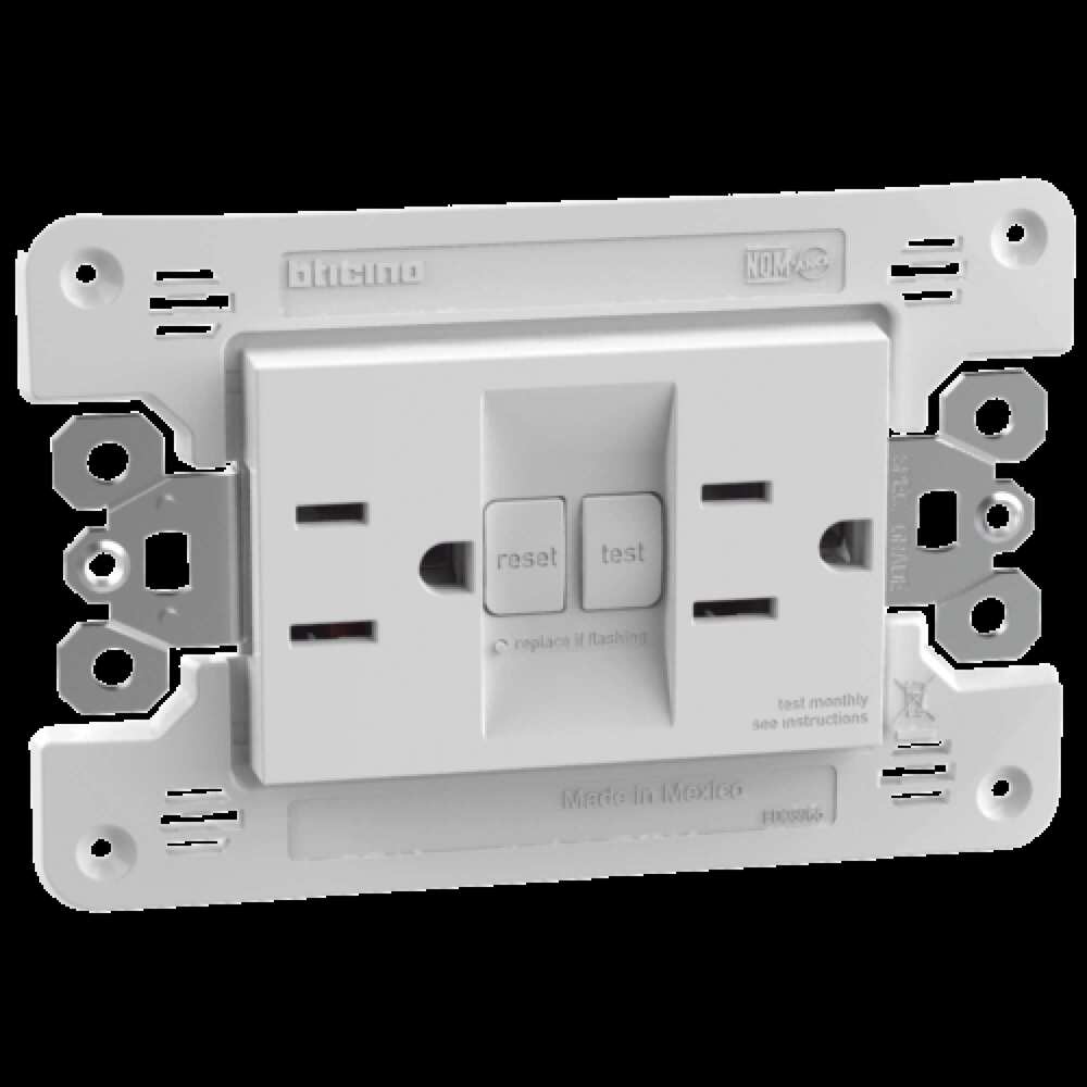 TOMACORRIENTE DUPLEX CON INTERRUPTOR CIRCUITO FALLA A TIERRA 15A, 127V CON PLACA BCA. RESTYLE