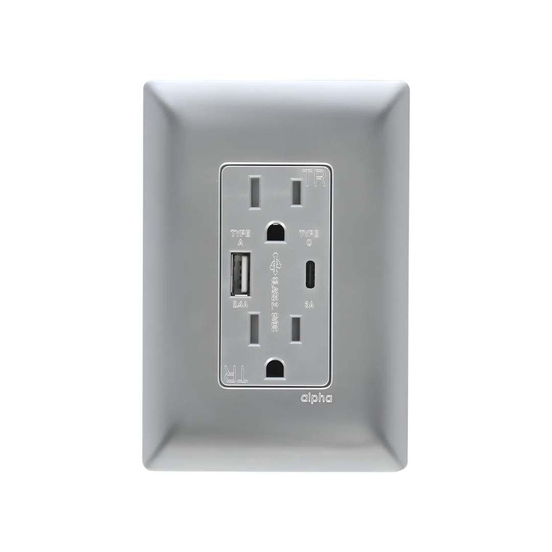 CONTACTO DUPLEX 2P+T CON USB PLATA ALPHA