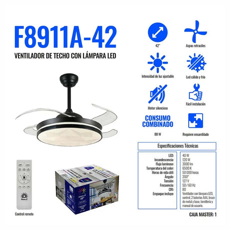 LAMPARA VENTILADOR TECHO 3 PASOS CON BOCINA BLUETOOTH NEGRO ***SIN T.E.***