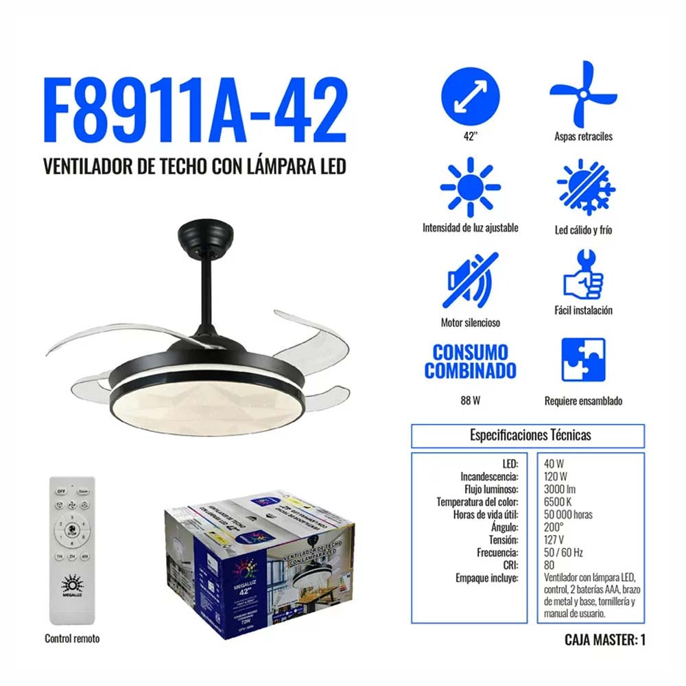 LAMPARA VENTILADOR TECHO 3 PASOS CON BOCINA BLUETOOTH NEGRO*** HAE ***