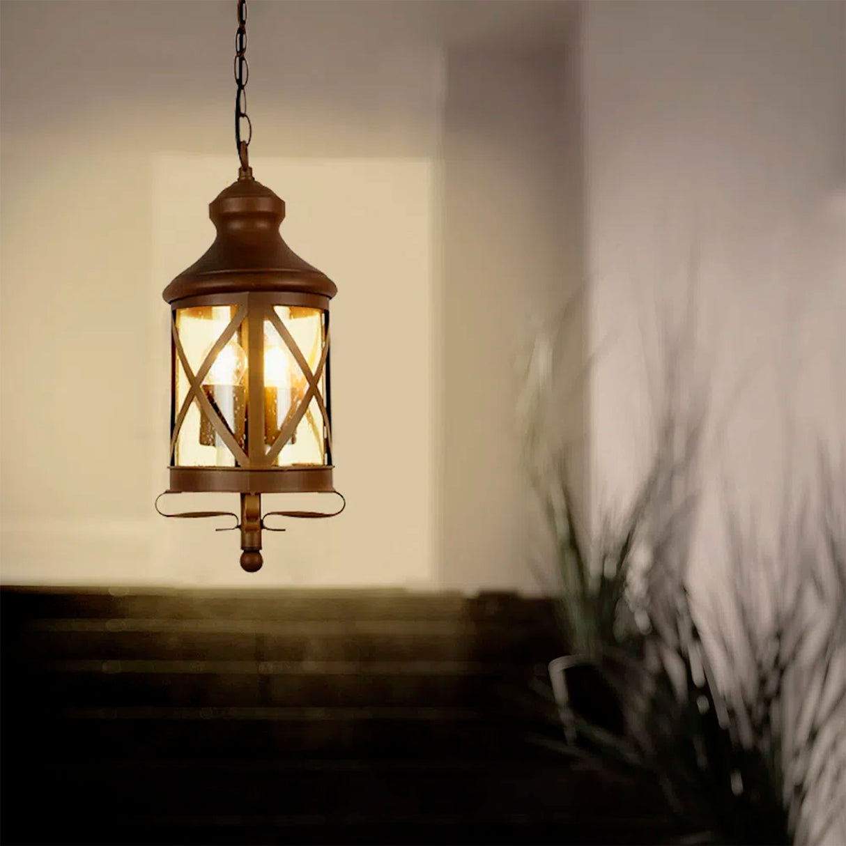 LAMPARA COLGANTE TIPO FAROL 1.09 M DE ALTURA POTENCIA MAX. 120 W 2 BASES E27 IP44 NO INCLUYE FOCOS