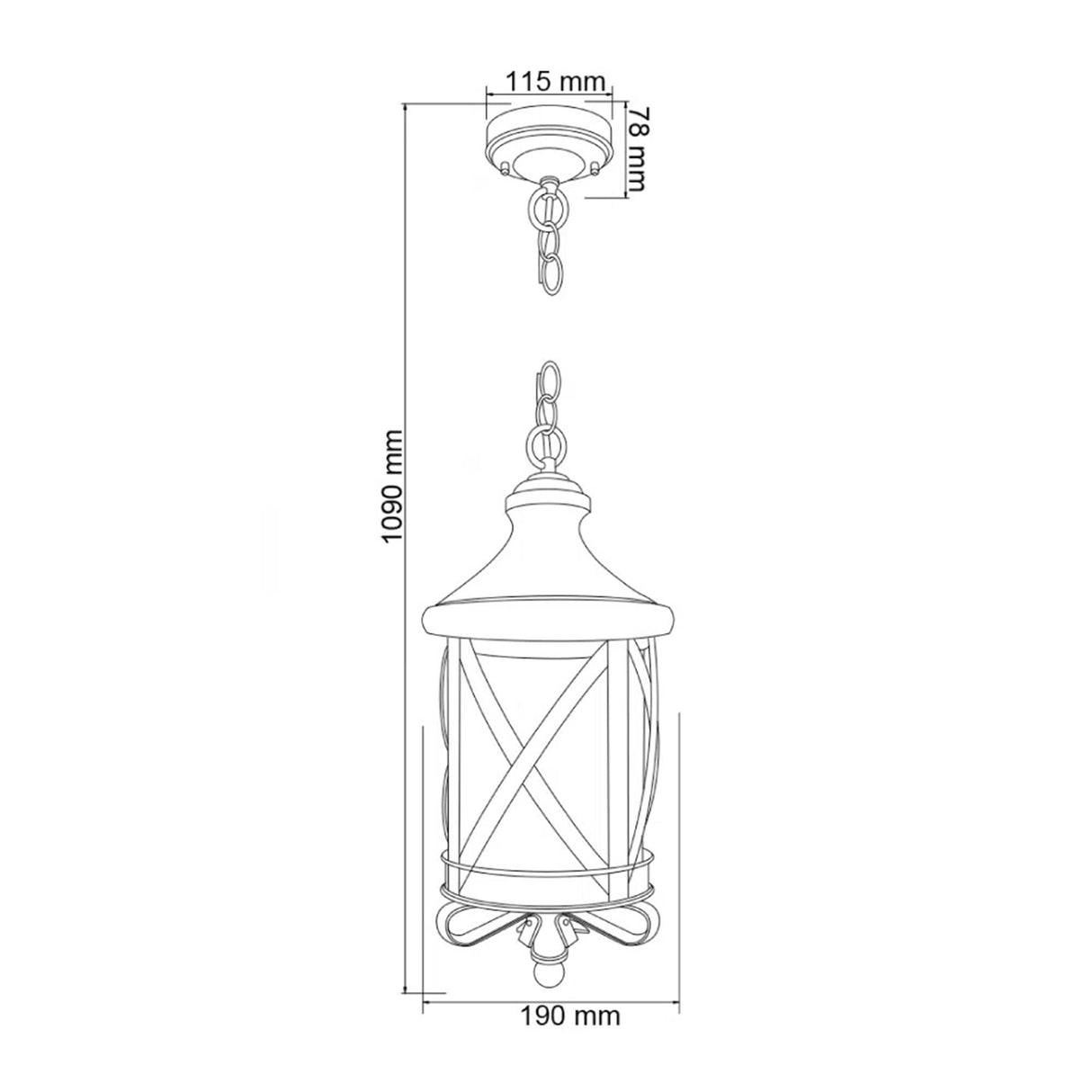 LAMPARA COLGANTE TIPO FAROL 1.09 M DE ALTURA POTENCIA MAX. 120 W 2 BASES E27 IP44 NO INCLUYE FOCOS