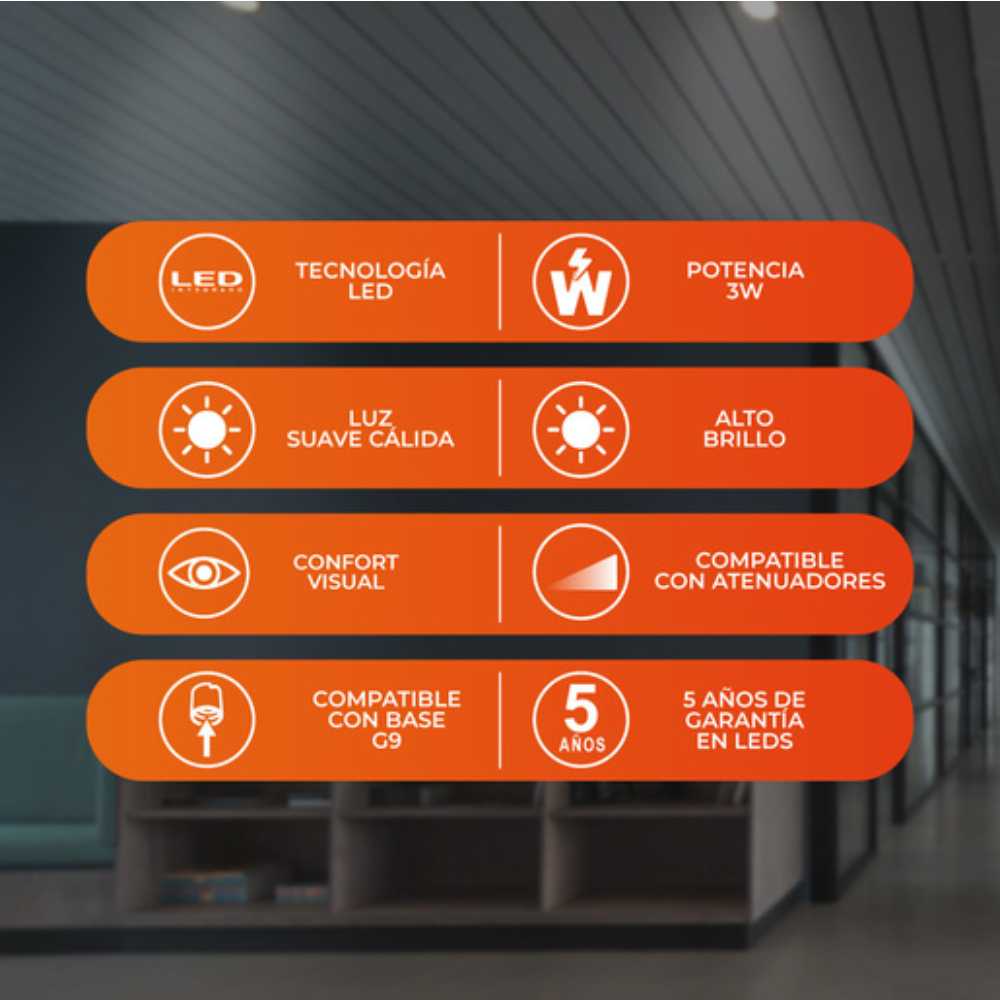FOCO LED TECNOLITE TIPO AMPOLLETA ATENUABLE 3W LUZ SUAVE CÁLIDA BASE G9 *** OFRECER LED-G9/BC ***