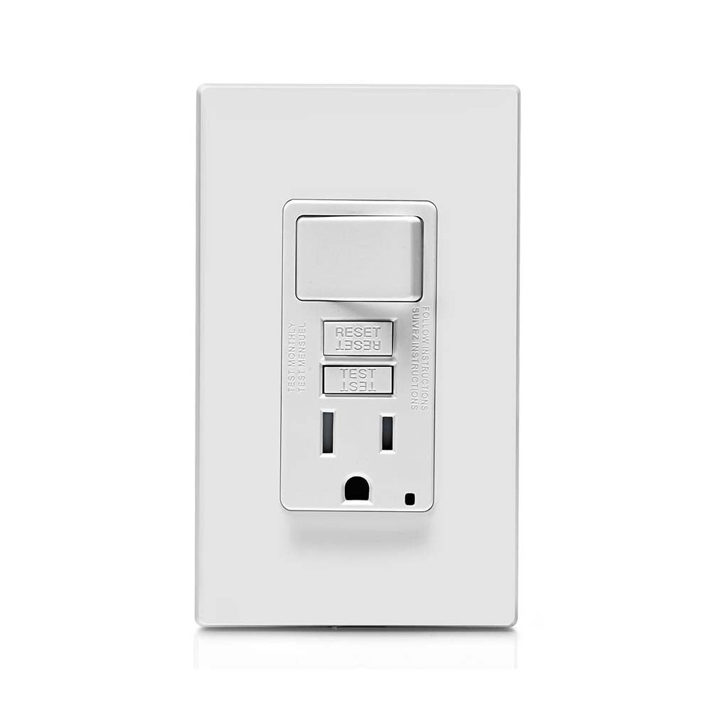 RECEPTACULO SENCILLO DECORA GFCI TAMPER RESISTANT C/INT. 1P 15A125V BCO INCLUYE PLACA