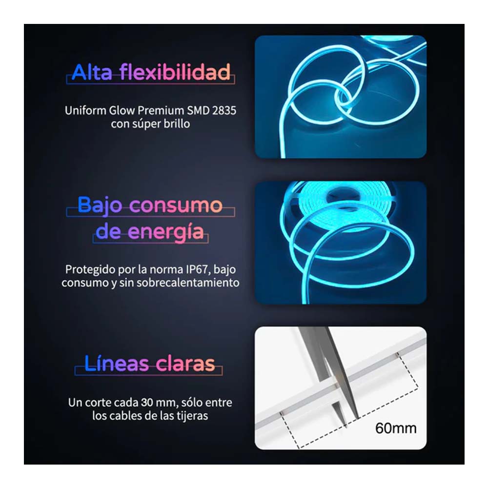 TIRA SUPER(NEON FLEX) CORTE DE 2.5CM ALTO 12MM ANCHO 6MM RGB