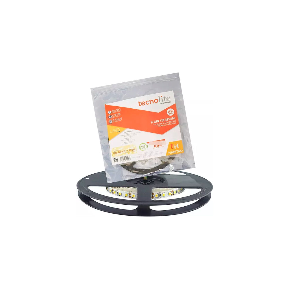 TIRA FLEXIBLE DE 120 LEDS X METRO 2835 SMD LARGO DE 5M 12V INTERIOR BLANCO CALIDO MCA TECNOLITE