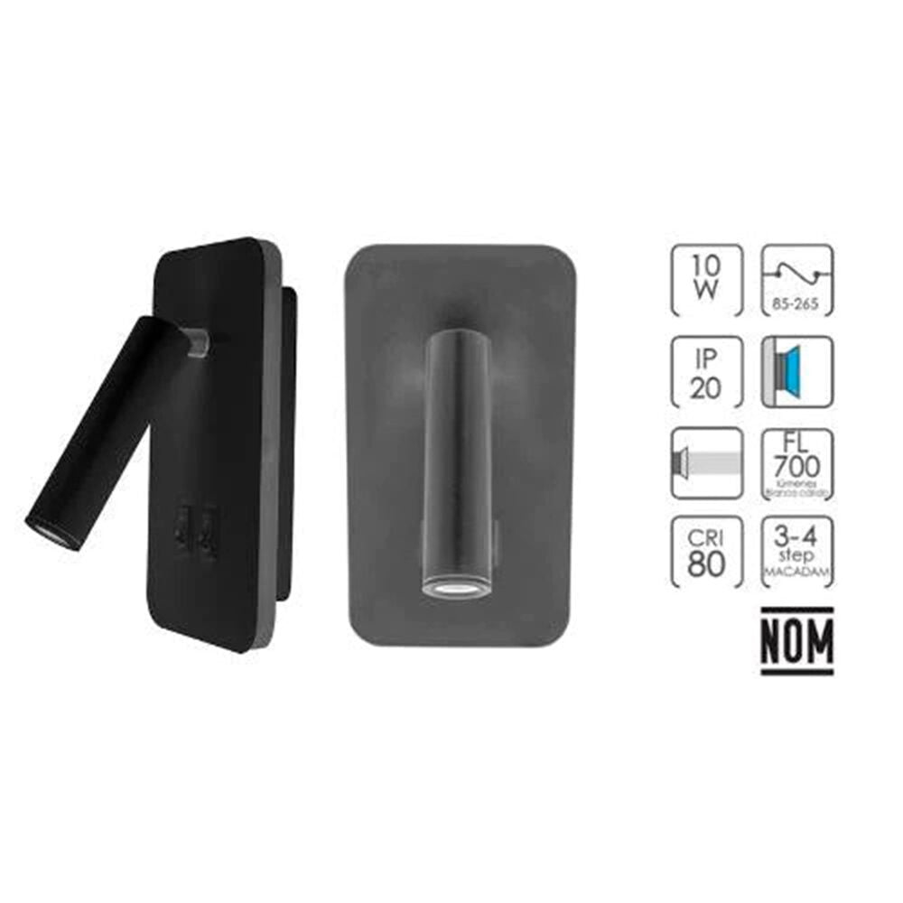 LUMINARIO DE PARED TIPO LECTURA LED NEGRO 10W BLANCO CALIDO DIRIGIBLE LUZ TRASERA Y FRONTAL 85-265V IP20 ILUMILEDS