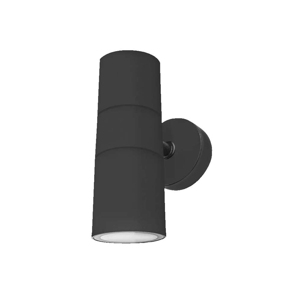 LUMINARIO PARA 2 LAMPARAS GU10 20W 10W MAX EN C/BASE GU10 CILINDRO POLICARBONATO ACABADO NEGRO MICA TRANSPARENTE SALIDA SUPERIOR E INFERIOR CON BASE ROTATORIA 360 NO INCLUYE LAMPARAS 100-240V CA IP4