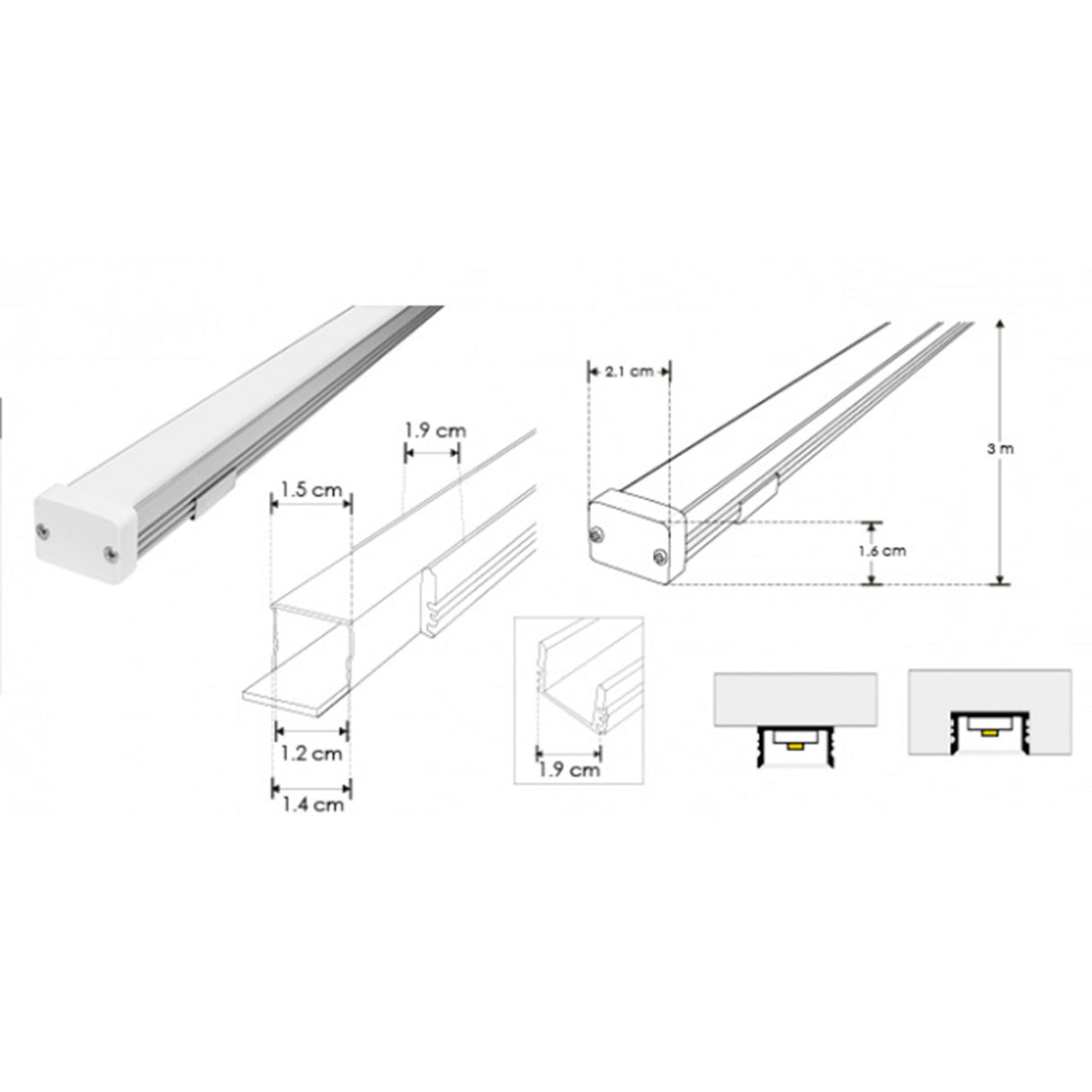 KIT PERFIL P/TIRA EXTRAPLANA LED S/CEJA (PERFIL RECT ALUM 3M + MICA DIFUSA 3M + 2 TAPAS LAT + 2 GRAPAS + 1 SOLERA EMP/ SOB IP65 ILUMILEDS