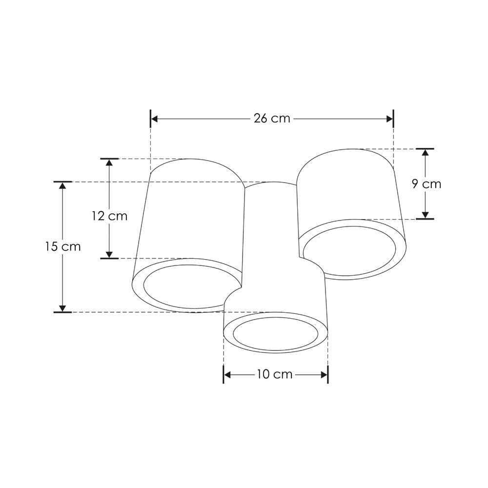 LUM. DE TECHO CON 3 BASES GU10 (SIN LAMPARA) DE 25W MAXIMO C/U OPTICA DE 120 DE SOBREPONER YESO ACABADO BLANCO IP20