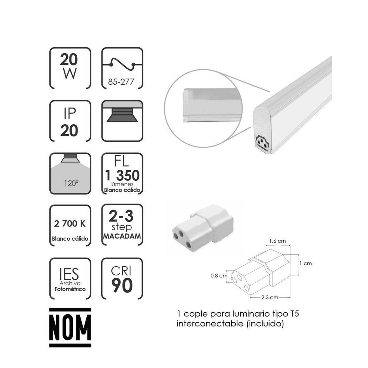 LAMPARA TIPO T5 INTERCONECTABLE SOBREPONER LED 20W 2700K 120 CUERPO Y DIFUSOR LECHOSO ACC. INCLUIDOS 85-277V IP20 ILUMILEDS ***HAE 2024***
