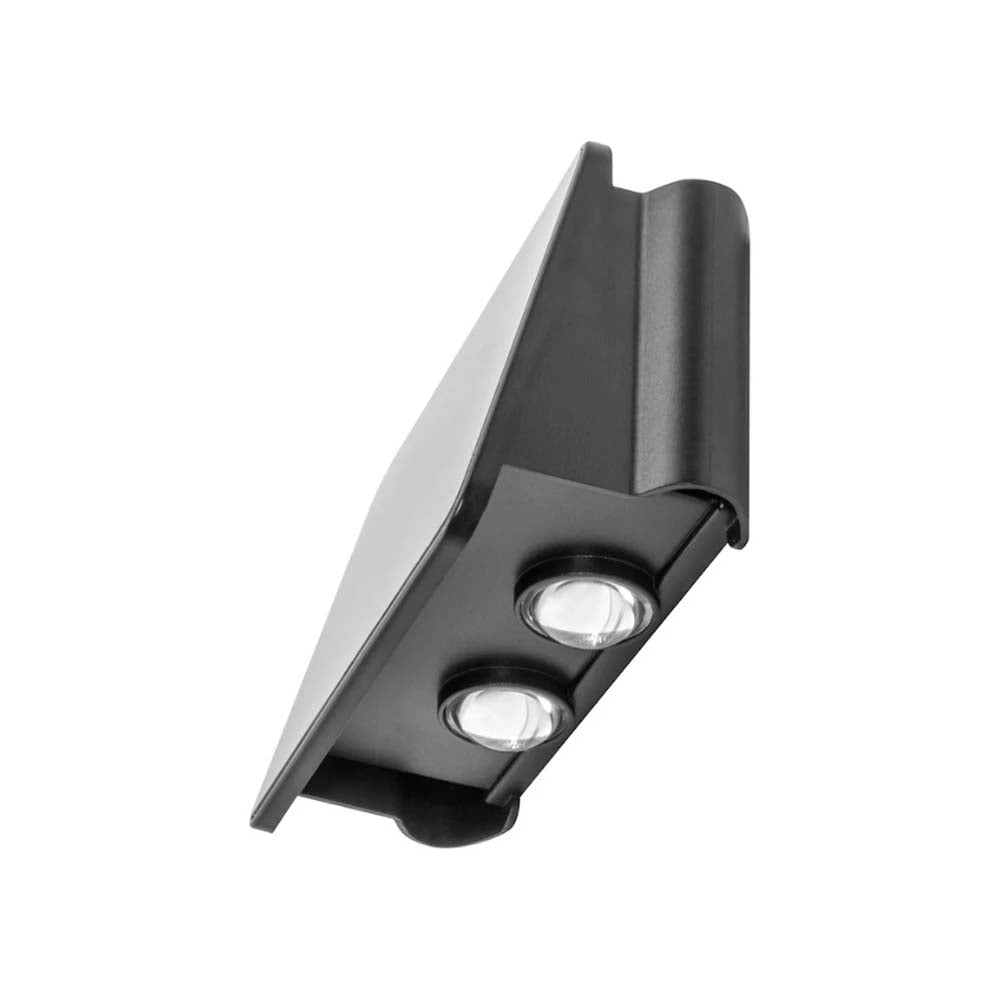 LUMINARIO SOLAR LED BLANCO CALIDO CON 4 LENTES 2W SALIDA DE LUZ SUPERIOR E INFERIOR RECTANGULAR DE SOBREPONER EN PARED POLICARBONATO ACABADO NEGRO BATERIA DE LITIO DE 3.7V CC 1300 MAH REMPLAZABLE IP54