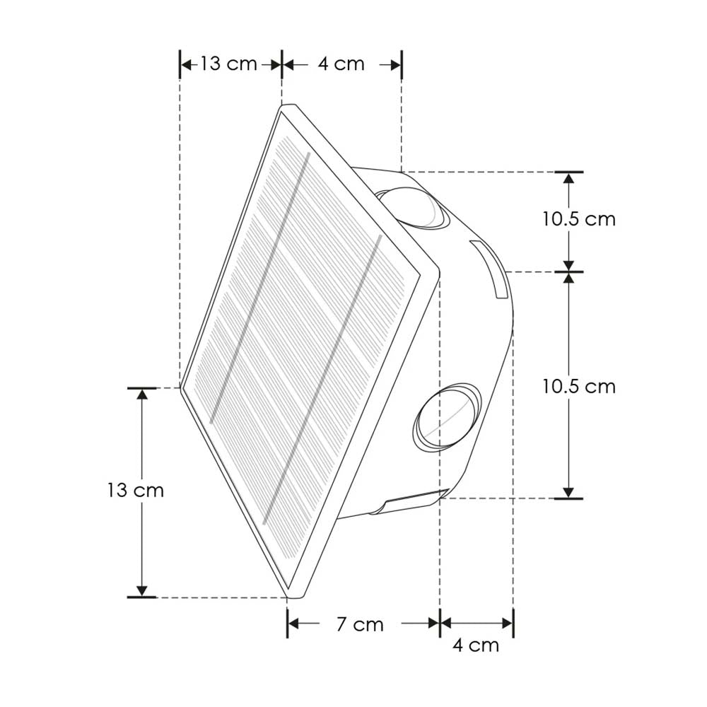 LUMINARIO SOLAR LED BLANCO CALIDO CON 6 LENTES 2W OPTICA 360GCUADRADO SOBREPONER POLICARBONATO ACABADO NEGRO 2 NIVELES DE BRILLO CON INTERRUPTOR BATERIA DE LITIO DE 3.2V CC 1300 MAH REMPLAZABLE IP54