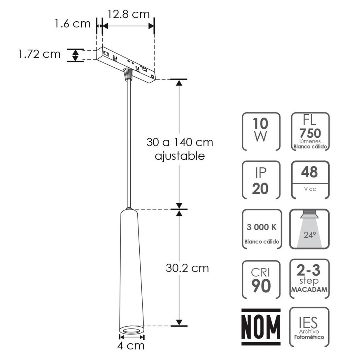 LUM P/RIEL MAGNETICO LED NEGRO SUSP 10W BC 20G 48V IP20 ILUMILEDS