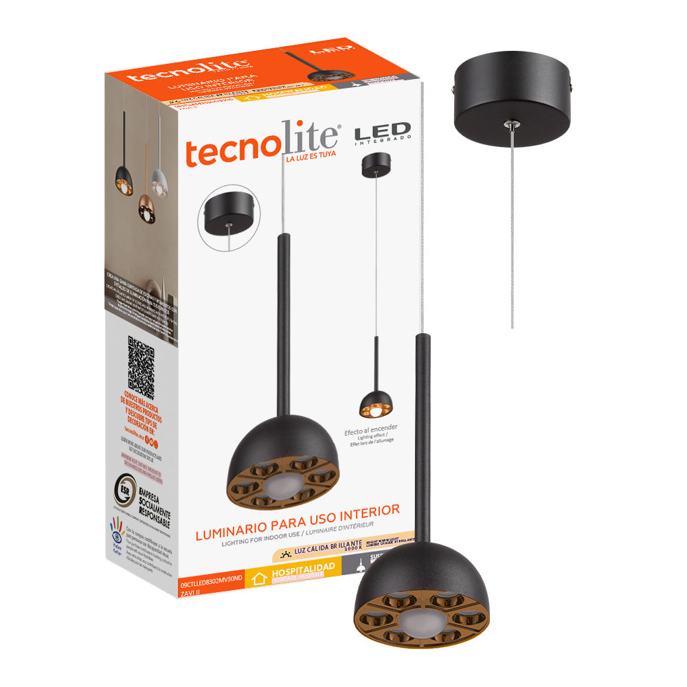 KIT DE 2 PIEZAS DE LAMPARA COLGANTE LED METAL 1.5M 9W LUZ CALIDA BRILLANTE IRC90 NO ATENUABLE DOR