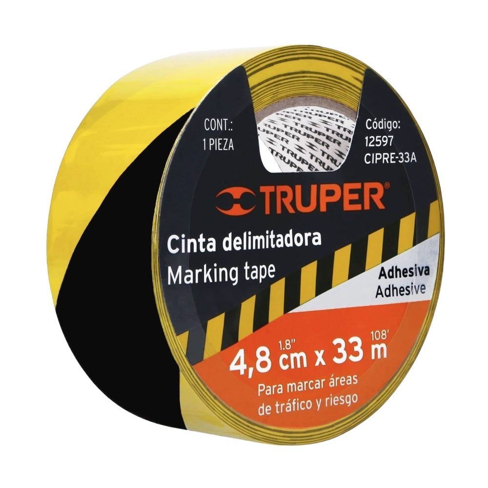 KIT DE 12 CINTAS DELIMITADORA AMARILLA CON NEGRO 33M TRUPER